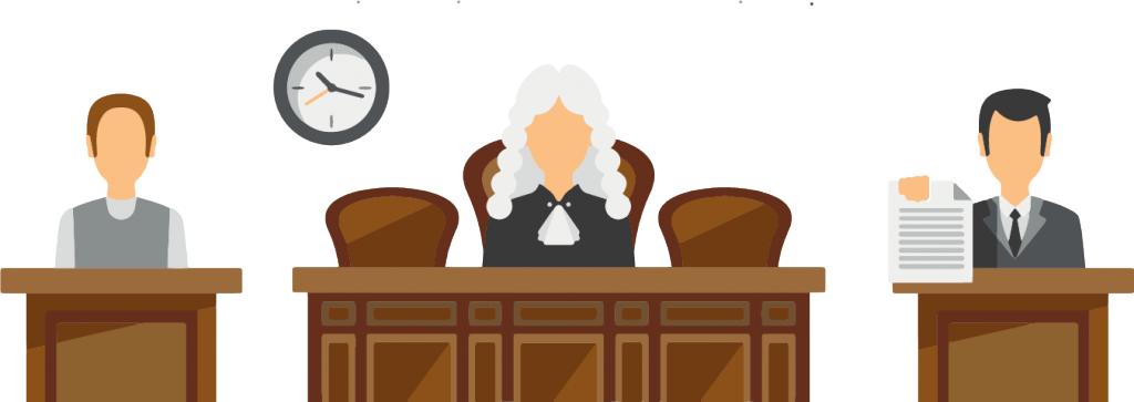 Logview - Image en motion design représentant un tribunal avec un magistrat au centre et deux avocats dont un qui montre un texte de loi