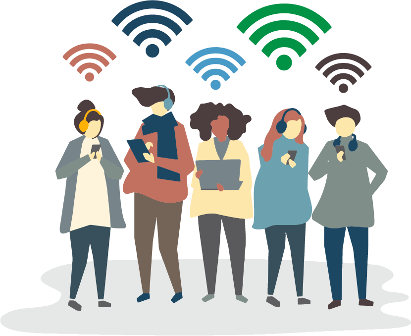 People in a smart city connected to Wi-Fi on their phone